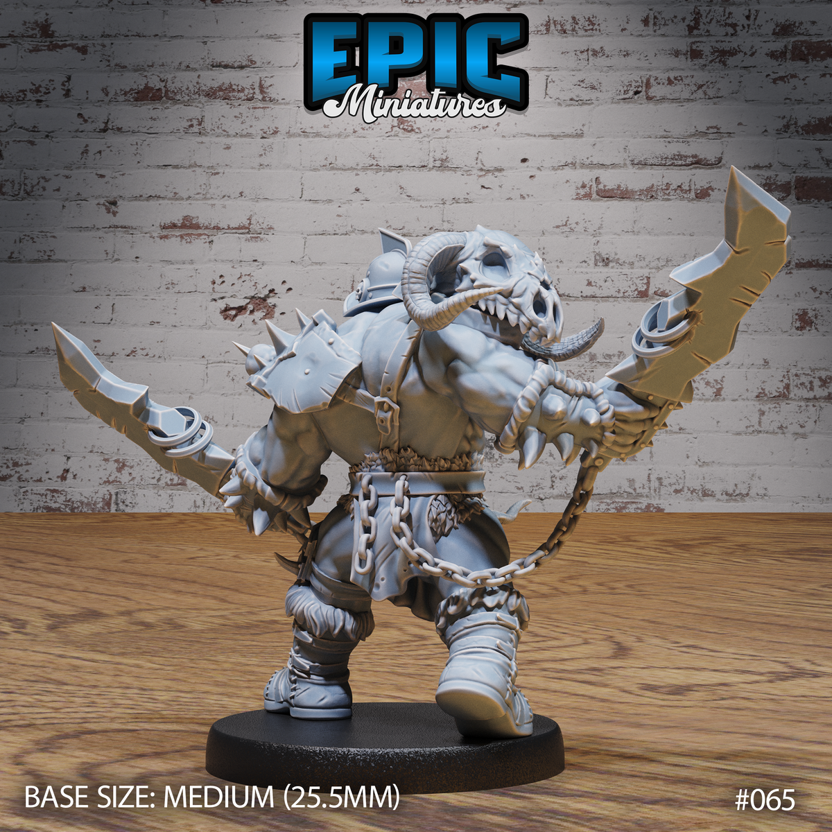 Orc gladiator with arms outstretched holding stone-bladed cleavers, a wide beast skull helmet with curved horns, chain-wrapped waist, spiked knuckle guards, and layered leather armour. Chains trail from the belt. Sculpt by Epic Miniatures.