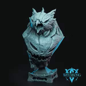 Digital render of the Fowl Moon Stalker bust by Witchsong Miniatures — an unpainted grey resin owl-beast bust with a wide open screaming beak, deeply textured feathers, and angular stone-panel framing, shown against a dark background with the Witchsong Miniatures logo visible