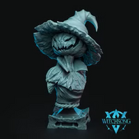 Digital render of the Queen of the Harvest display bust by Witchsong Miniatures — an unpainted grey resin sculpt depicting a grinning carved-pumpkin witch with a large tattered wide-brim hat and crossed arms, shown from the bust up on a plain display base