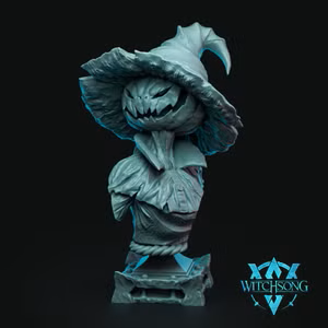 Digital render of the Queen of the Harvest display bust by Witchsong Miniatures — an unpainted grey resin sculpt depicting a grinning carved-pumpkin witch with a large tattered wide-brim hat and crossed arms, shown from the bust up on a plain display base