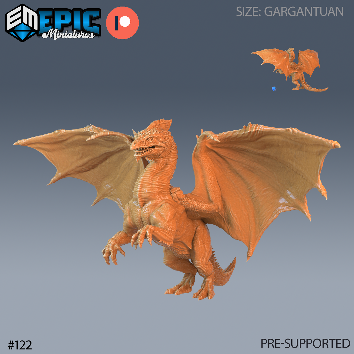 Digital render of an Ancient White Dragon miniature at gargantuan scale by Epic Miniatures, shown in unpainted orange resin. The dragon stands upright with wings fully spread, jaw open mid-roar, and both clawed forelegs braced. A tiny scale-reference adventurer figure and blue d20 are visible in the upper right corner, illustrating the creature's enormous size.