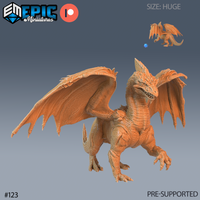 Digital render of an unpainted Adult White Dragon miniature by Epic Miniatures, shown in orange resin. The Huge-sized dragon rears on its hind legs with wings spread wide, claws extended, jaws parted, and a spiked tail. Detailed scale texture covers the body and ribbed membranes span the wings. A small size-reference render is visible in the upper right corner alongside a blue D20 for scale.