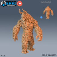 Digital render of an unpainted resin Yeti miniature by Epic Miniatures — a large horned, fur-covered bipedal creature with a snarling expression, muscular build, and clawed hands, shown from the front alongside a rear view and a d20 for scale reference
