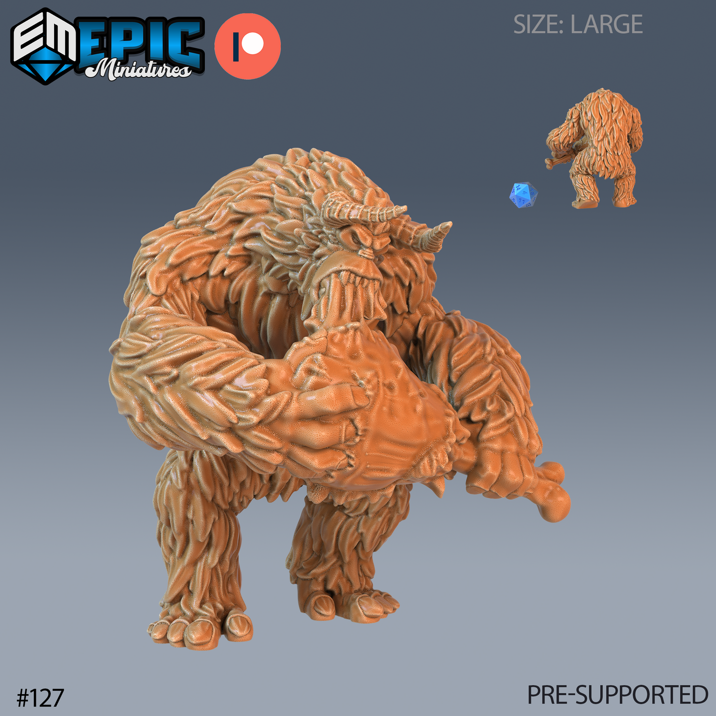 Digital render of an unpainted large-scale resin yeti miniature by Epic Miniatures — the creature crouches forward, arms wrapped around a large haunch of meat, gnawing at the bone with a wide-open snarl. Two curved horns rise from its heavily textured shaggy head. A size comparison shows a standard d20 and a smaller 32mm figure alongside the model, confirming its large scale.