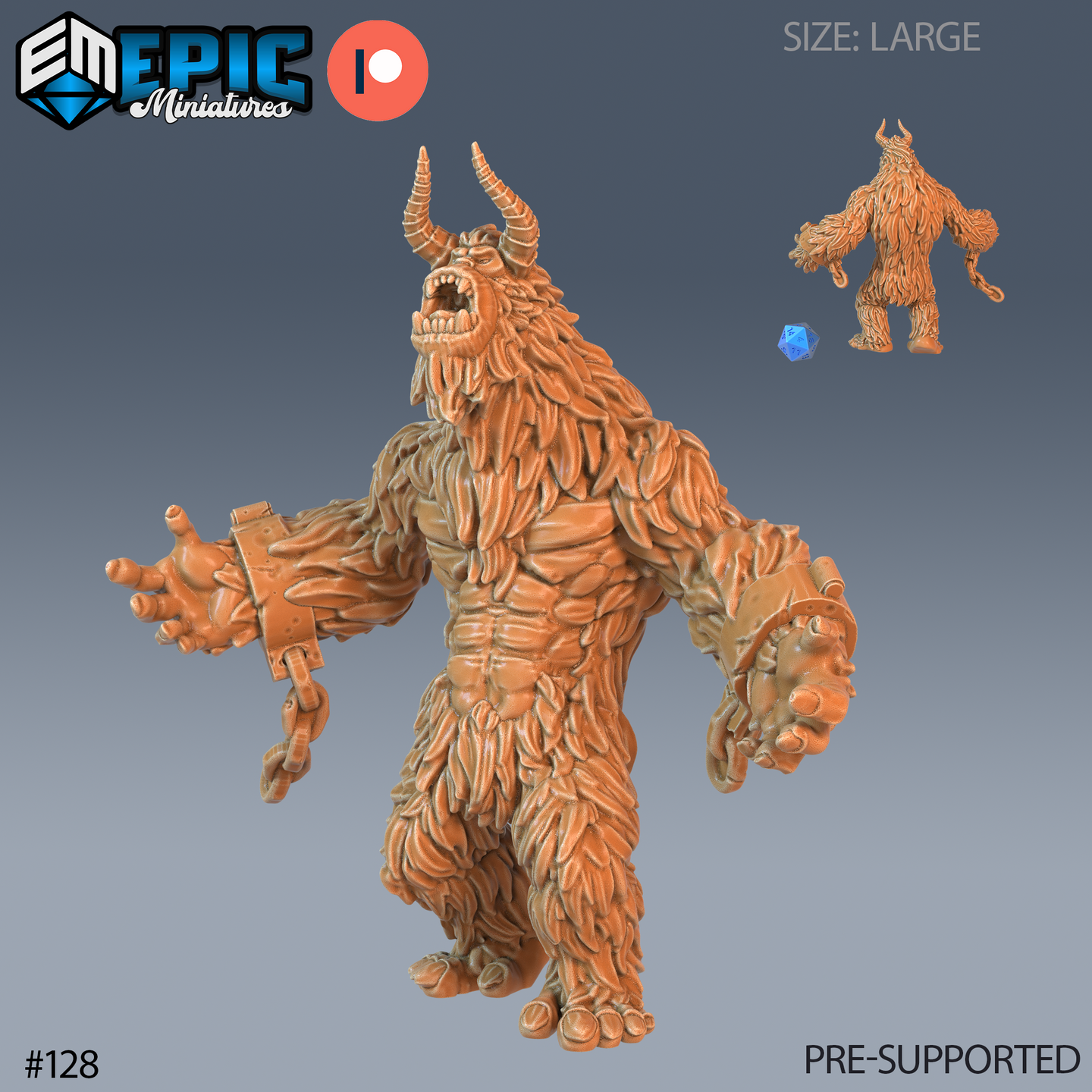 Digital render of a large horned yeti miniature from Epic Miniatures, shown in orange resin. The beast stands with arms spread wide and mouth open in a roar, heavy iron shackles and chains bolted around each wrist. Thick layered fur covers the body with exposed abdominal muscle visible beneath. Spiralling horns crown the head. A small rear-view reference and a blue d20 for scale are shown in the upper right corner.