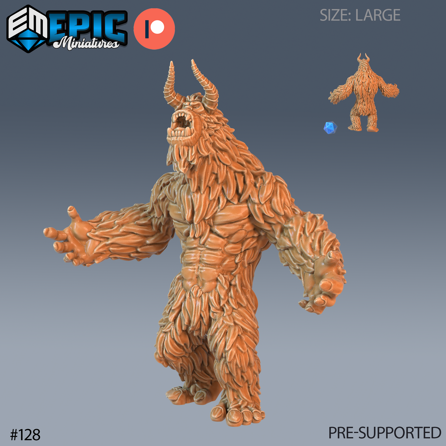Digital render of the unshackled variant of the Epic Miniatures horned yeti, shown in orange resin. The same powerfully built creature roars with arms outstretched, but the wrists are bare with no chains or shackles. Thick feather-like fur and spiralling horns remain consistent with the chained version. A small rear-view thumbnail and blue d20 scale reference are visible in the upper right corner.