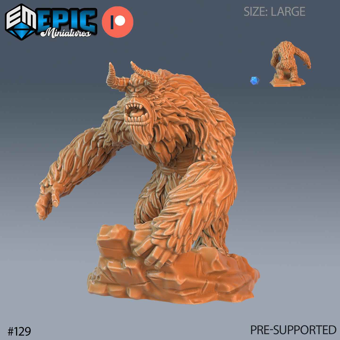 Unpainted orange resin large yeti miniature from Epic Miniatures, shown in a slightly different three-quarter angle without the small painted comparison figure. The thick fur texture, curved horns, snarling teeth, wide hands, and iron wrist shackles are clearly visible. The integrated rocky base grounds the pose as the creature lurches forward.