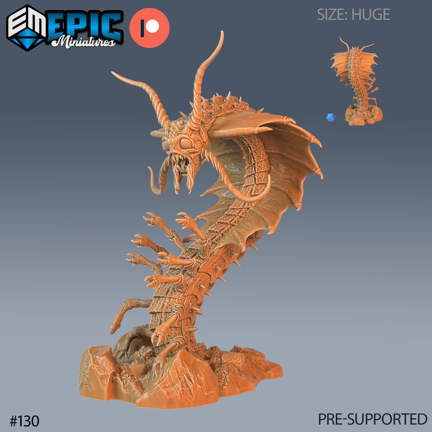Digital render of an unpainted resin Adult Remorhaz miniature by Epic Miniatures — a huge-scale creature shown in a dramatic rearing pose, with a segmented spined body, dozens of clawed limbs, a single membrane wing, long curving horns, bulging compound eyes, and an open fanged maw with a sensory tendril, mounted on an integrated rocky rubble base; a small inset rear view and a blue d20 for scale are shown in the upper right corner