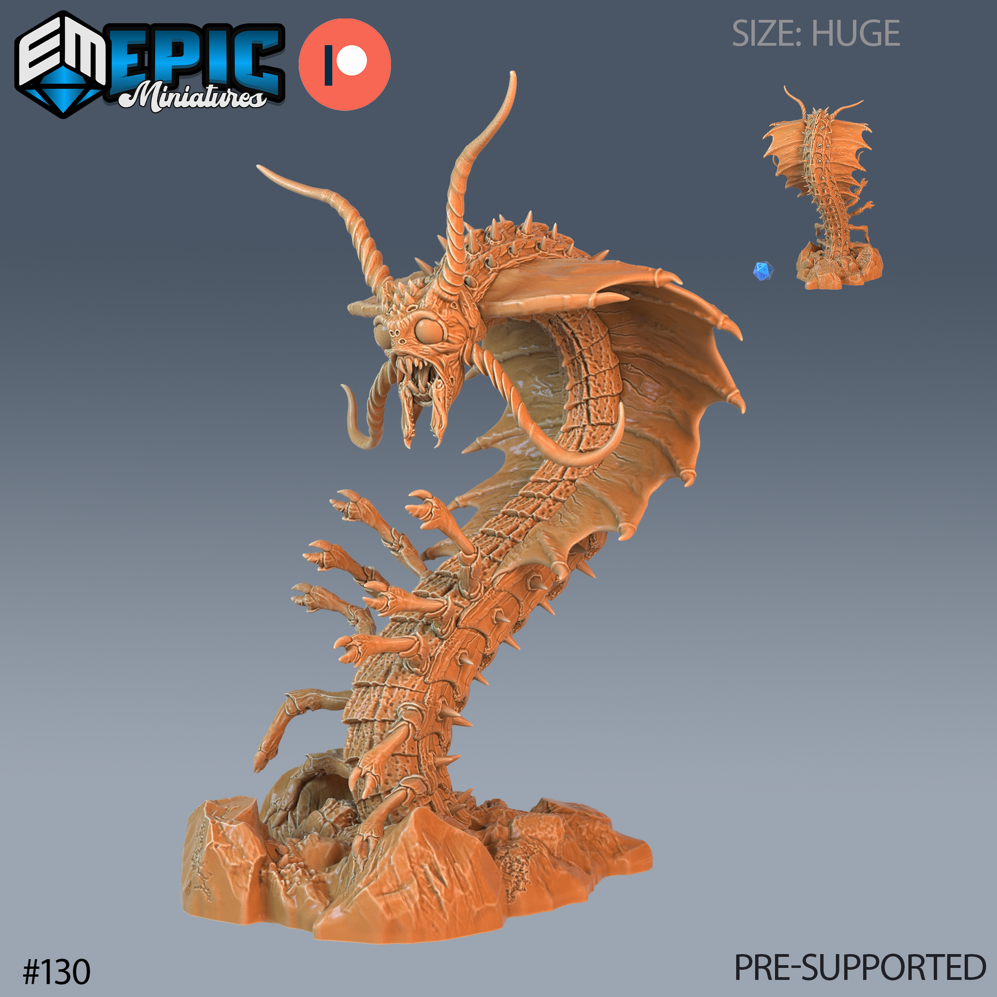 Digital render of an unpainted resin Adult Remorhaz miniature by Epic Miniatures — a huge-scale creature shown in a dramatic rearing pose, with a segmented spined body, dozens of clawed limbs, a single membrane wing, long curving horns, bulging compound eyes, and an open fanged maw with a sensory tendril, mounted on an integrated rocky rubble base; a small inset rear view and a blue d20 for scale are shown in the upper right corner