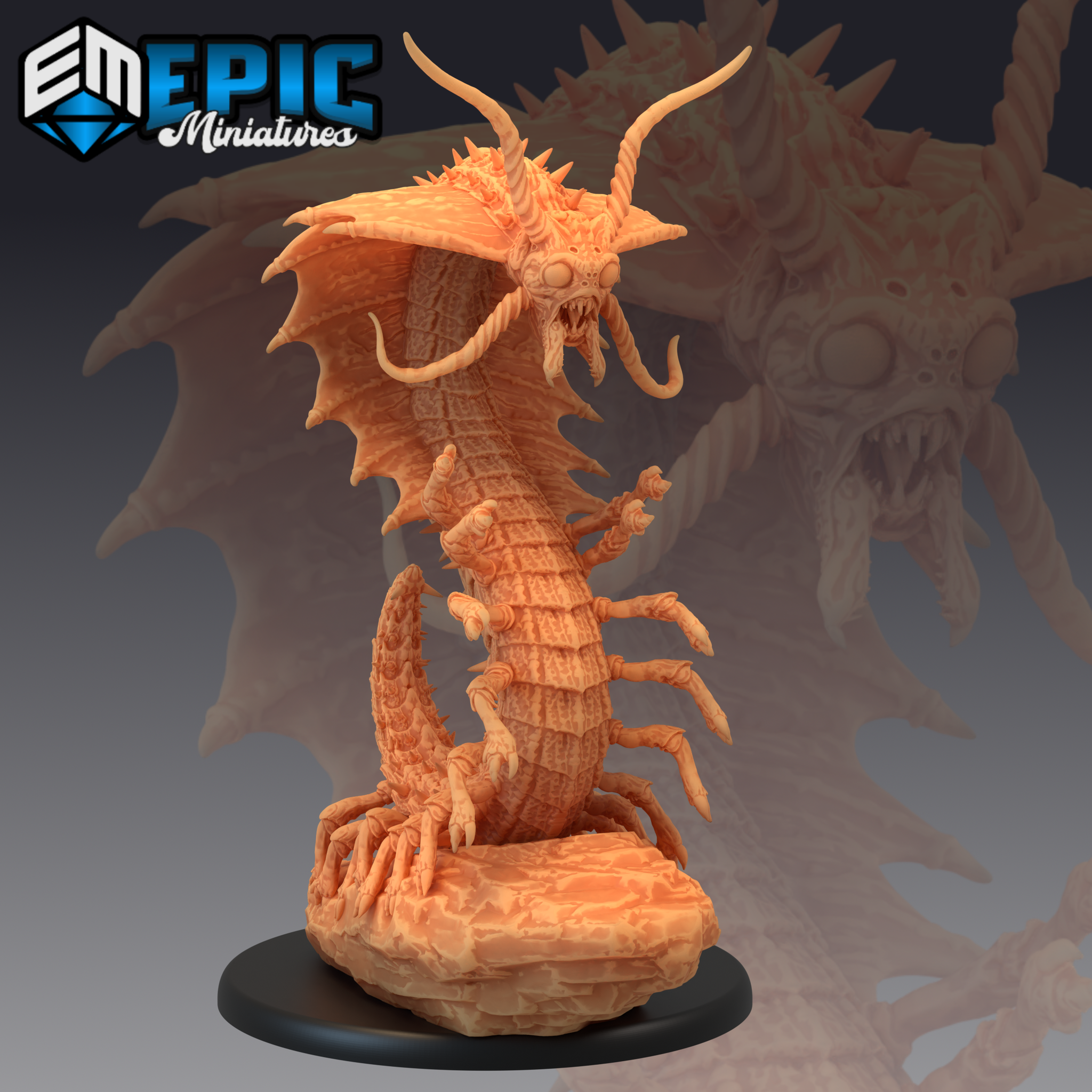 Unpainted orange resin miniature of a Young Remorhaz by Epic Miniatures — a multi-limbed insectoid creature rearing upright on a rocky base, with a broad fan-like frill framing its open-mouthed head, curling barbed horns, segmented armoured body, and multiple splayed legs. Digital render shown from a front-angle perspective with a ghosted close-up of the face visible in the background.