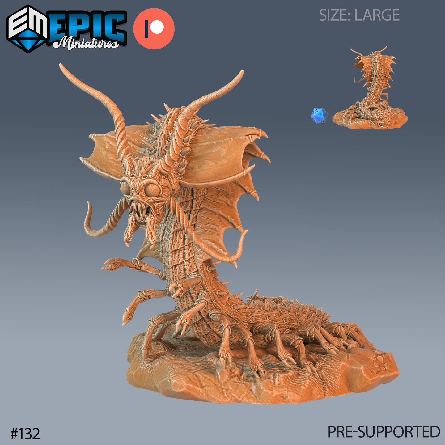 Digital render of an unpainted Young Remorhaz miniature by Epic Miniatures, shown in a rearing pose with curved horns, spread membranous wings, segmented chitin body, multiple articulated legs, and compound eyes, mounted on a rocky scenic base. A smaller scale reference image is visible in the top right corner alongside a blue d20 die, confirming Large size classification.