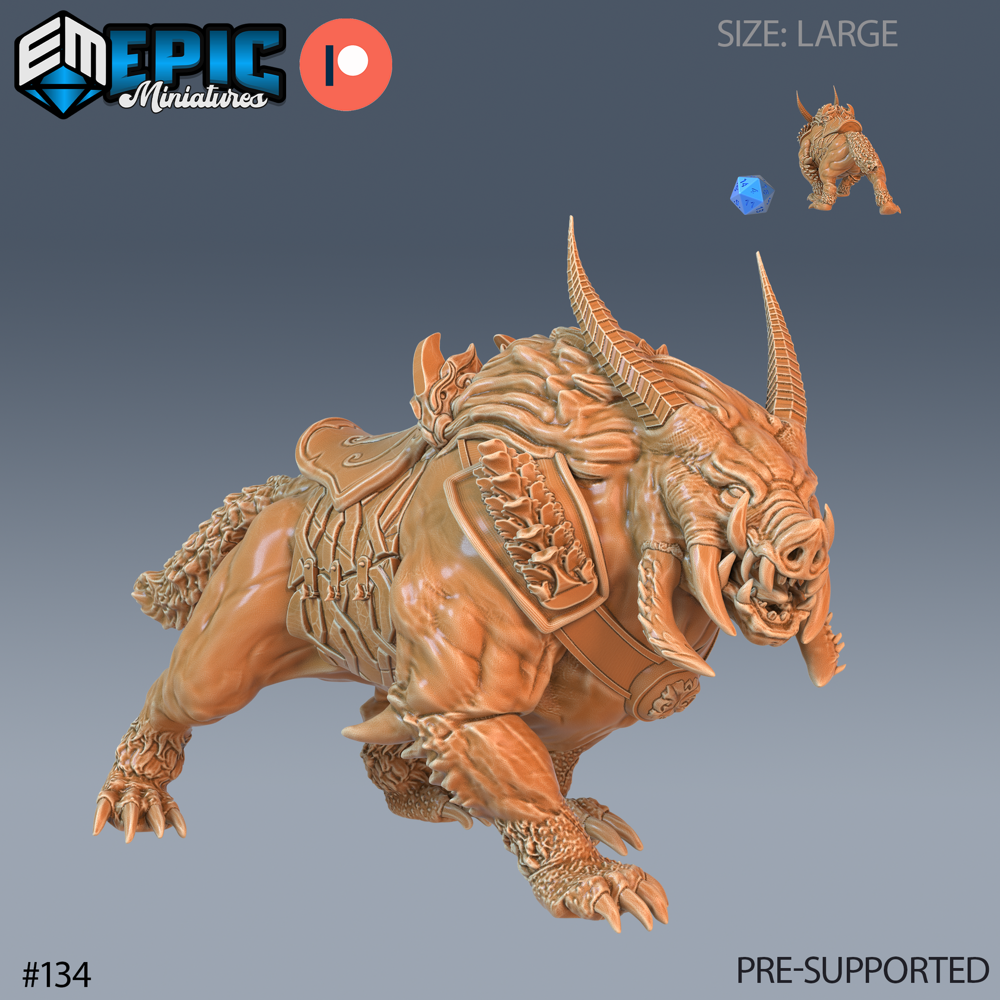 Digital render of the Arctic Boar Mount miniature by Epic Miniatures — a large tusked war boar in a charging pose, wearing a carved saddle and layered armour plating with scrollwork detailing. The beast has swept-back horns, coarse fur on its lower legs, and an open snarling jaw with visible tusks and teeth. A scale d20 and small humanoid figure in the upper right confirm its large creature size. Shown in orange resin-tone render.