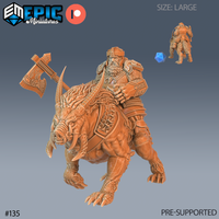 Digital render of a Nordic Dwarf Boar Cavalry miniature by Epic Miniatures — a heavily armoured dwarf warrior with a runic double-headed axe rides a giant tusked boar with decorative barding, shown in amber-orange preview colour with a scale reference die; large size category