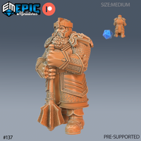 Digital render of an unpainted Nordic Dwarf miniature in 32mm scale, shown from a three-quarter front angle. The dwarf wears layered scale mail with knotwork-engraved breastplate and an open-face helm. He grips a flanged war mace with both hands, its head resting on the ground. A small rear view and blue d20 scale reference are visible in the upper right corner.