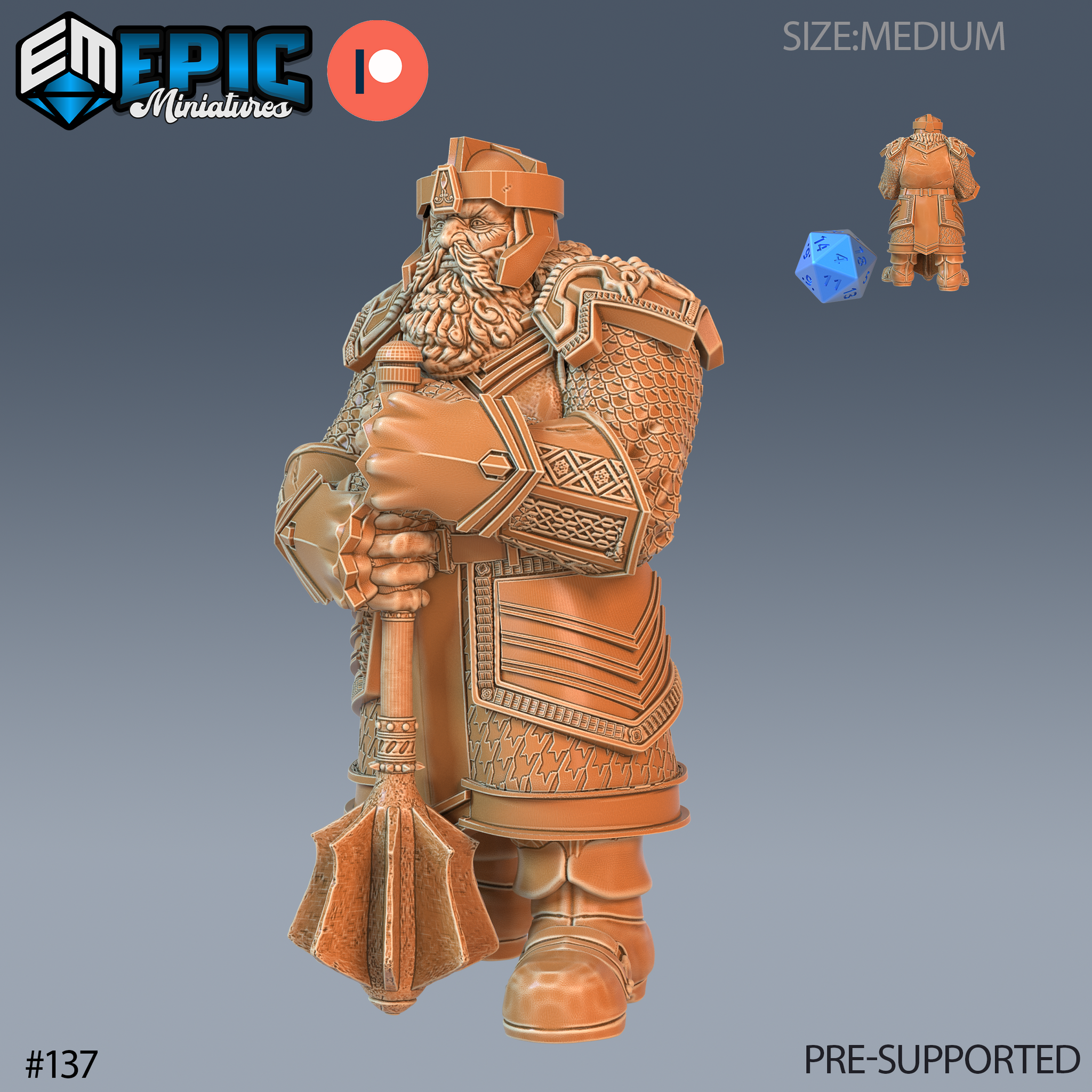 Digital render of an unpainted Nordic Dwarf miniature in 32mm scale, shown from a three-quarter front angle. The dwarf wears layered scale mail with knotwork-engraved breastplate and an open-face helm. He grips a flanged war mace with both hands, its head resting on the ground. A small rear view and blue d20 scale reference are visible in the upper right corner.