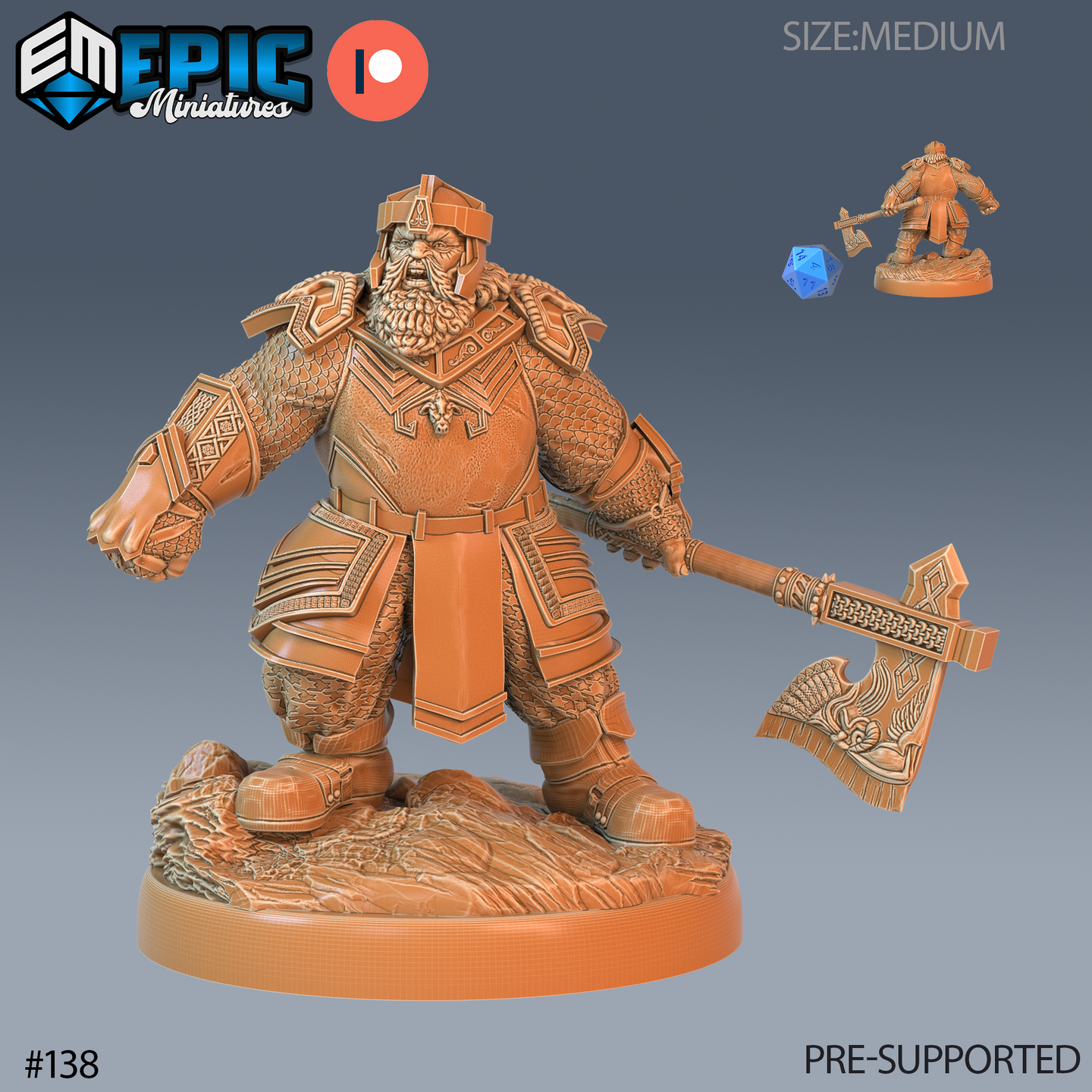 Digital render of an unpainted Nordic dwarf miniature in heavy scale and plate armour, wielding a large rune-etched greataxe with a knotwork winged blade, standing on a rocky scenic base — shown with a d20 for 32mm scale reference