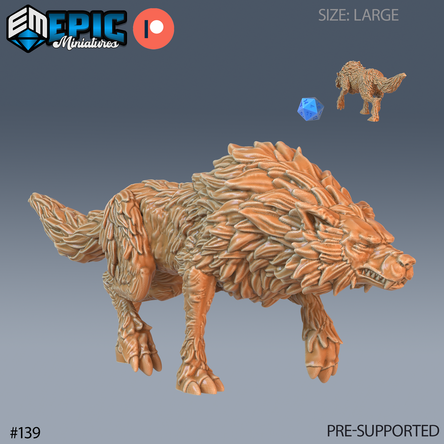 Digital render of an unpainted Winter Wolf miniature by Epic Miniatures — large-sized beast in a stalking pose with head lowered and jaws open in a snarl, covered in deeply layered overlapping fur texture across the mane, haunches, and shoulders; a size-comparison miniature and blue d20 are visible in the upper right corner