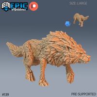 Digital render of an unpainted Winter Wolf miniature by Epic Miniatures — large-sized beast in a stalking pose with head lowered and jaws open in a snarl, covered in deeply layered overlapping fur texture across the mane, haunches, and shoulders; a size-comparison miniature and blue d20 are visible in the upper right corner