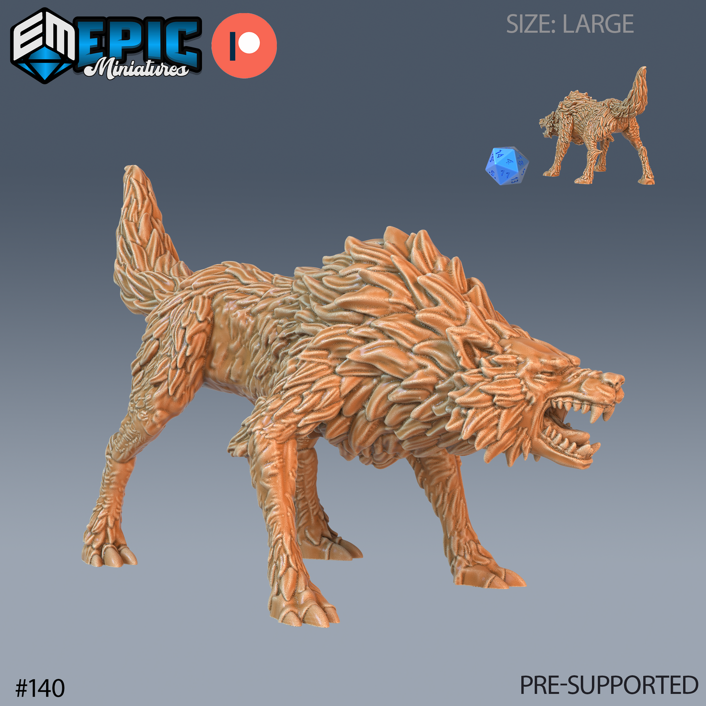Digital render of an unpainted large-scale winter wolf miniature by Epic Miniatures, shown in a low aggressive stance with jaws open wide, dense layered fur across the mane and back, long claws extended, and a size comparison inset showing a d20 and a smaller-scale view of the same sculpt