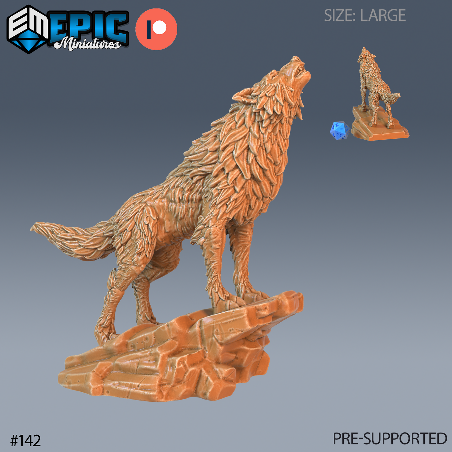 Unpainted resin miniature of a Winter Wolf in a howling pose, head thrown back with mouth open, standing atop an integrated rocky outcrop base. Large-scale sculpt with detailed layered fur texture throughout. Digital render shown in warm orange resin tone with a size comparison die visible in the background.
