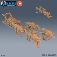 Digital render of the Wolf Sled miniature by Epic Miniatures — four snarling harnessed wolves in mid-stride pulling a heavily laden wooden sled with bundled fur cargo and curved rope handles, shown unpainted in warm orange resin tone with a top-down inset showing the full assembled footprint and a d20 for scale