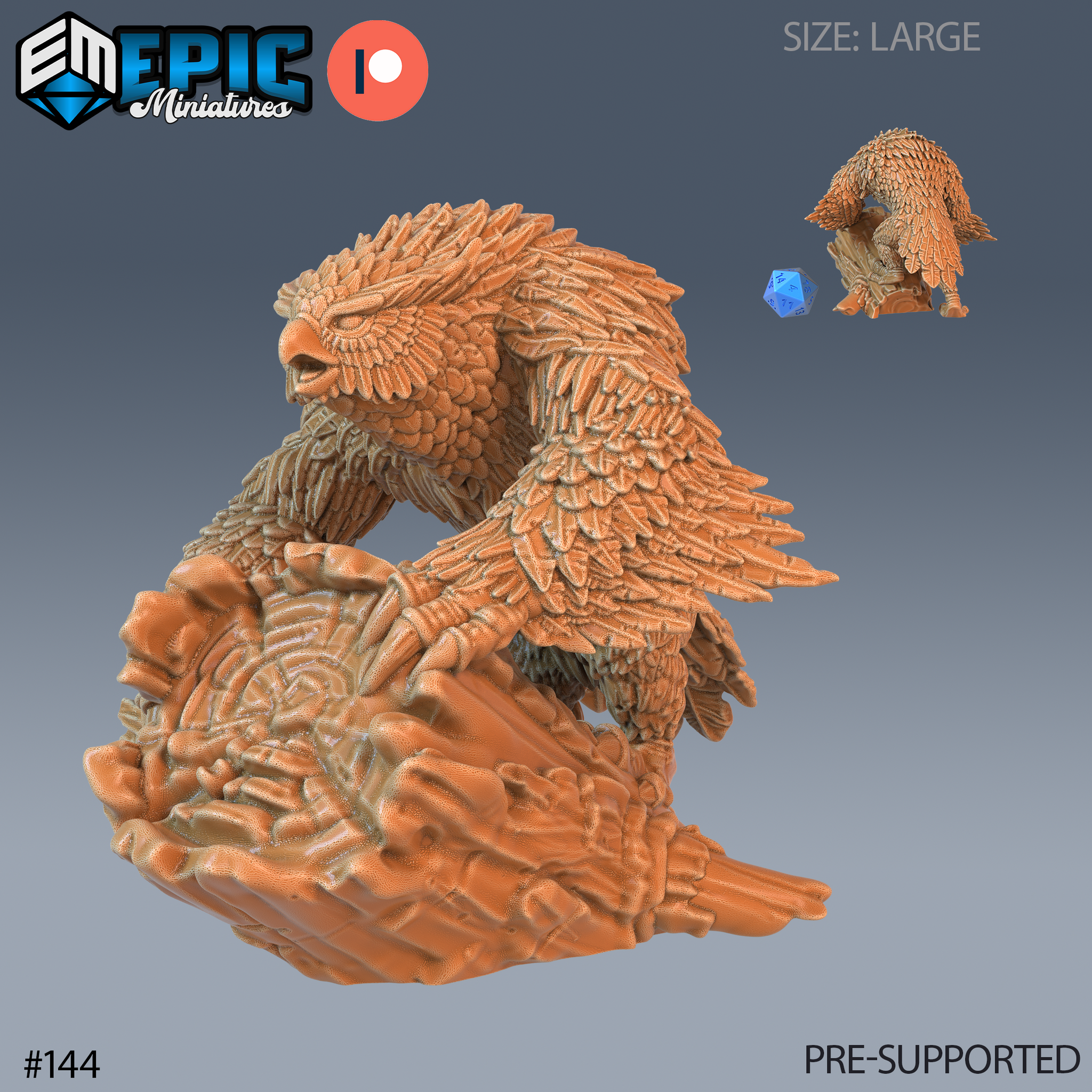 Unpainted orange resin 3D printed Owlbear miniature by Epic Miniatures, shown in a large crouched pose with wings half-spread and beak lowered, talons gripping a large carved stone disc with runic engravings; scale reference die visible alongside a rear-angle thumbnail view