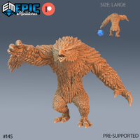 Digital render of an unpainted resin Owlbear miniature in a dynamic claw-attack lunge pose, feathers and talons sharply detailed, shown from the front with a rear view and scale die reference inset, large size, by Epic Miniatures
