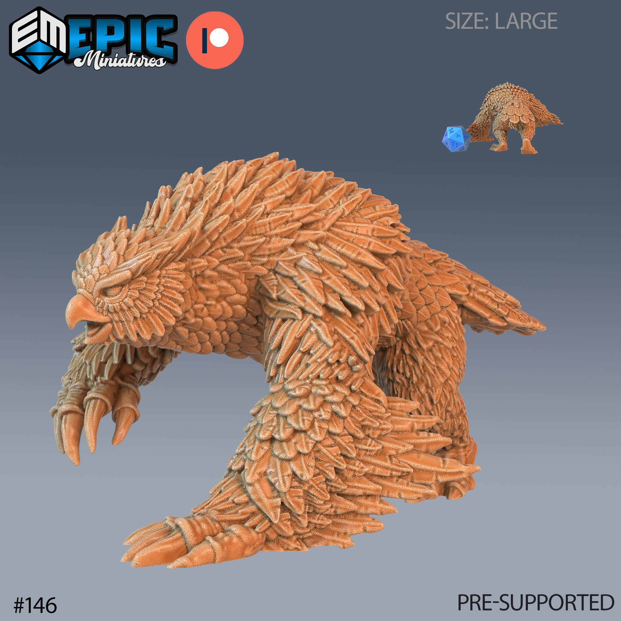 Digital render of an unpainted Owlbear Roaming miniature by Epic Miniatures, shown in orange resin. The large-sized creature is posed in a low prowling crouch with foreclaws splayed wide, beak open, and densely detailed feathers covering the entire body. A size comparison inset in the top right shows the miniature beside a D20 die to illustrate its large scale.