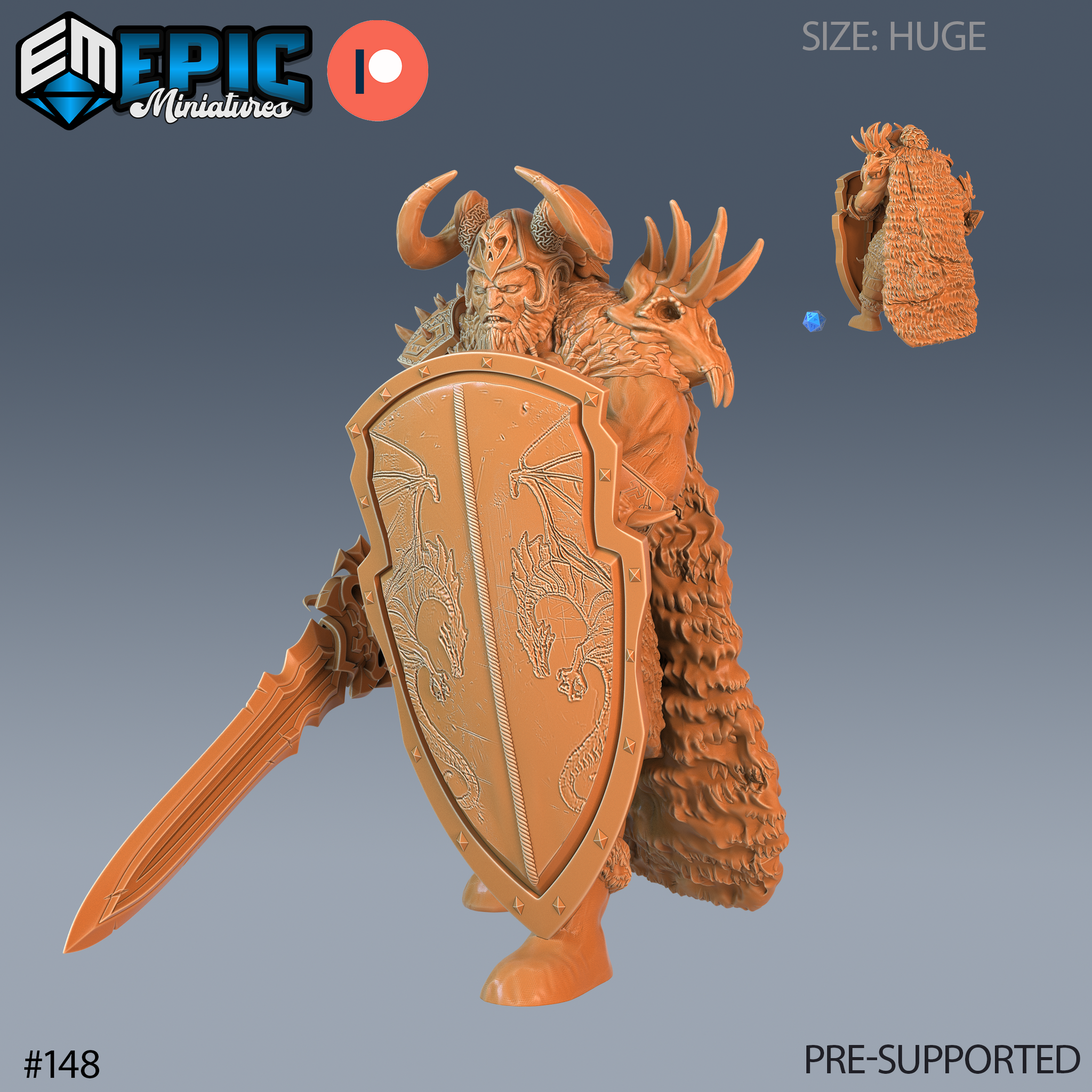 Frost Giant Chief resin miniature render — defensive pose with engraved tower shield bearing twin dragon reliefs, broadsword at his side, horned helmet, dragon-skull pauldron, and thick fur mantle. Rear view thumbnail visible showing fur cloak detail. Huge size scale indicator shown.