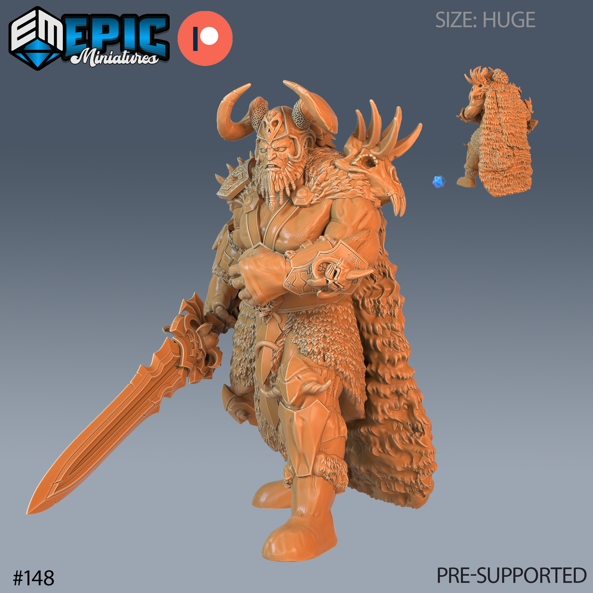 Frost Giant Chief resin miniature render — aggressive open stance with broadsword extended, full plate armour with knotwork etching, horned rune-carved helmet, dragon-skull shoulder trophy, and layered fur cloak. Rear view thumbnail visible. Huge size scale indicator shown.