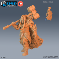 Digital render of an unpainted resin Frost Giant Crusher miniature — a towering huge-scale giant with a bearded tusked face, layered hide and iron armour, and a great fur cloak, hoisting a massive square-headed war hammer across both shoulders. A secondary rear view shows the full-length fur cloak detail. Marked as Huge scale by Epic Miniatures.