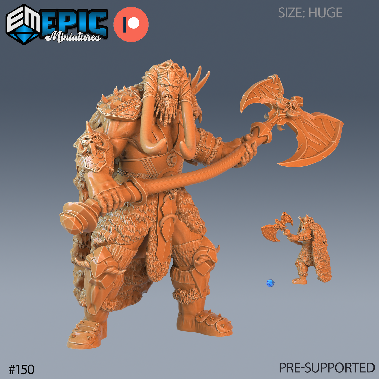 Digital render of the Frost Giant Slasher miniature by Epic Miniatures — a huge-scale unpainted orange resin figure depicting a heavily armoured frost giant chieftain gripping a large winged battle axe in both hands, wearing fur-trimmed plate armour and a crown of bone and antler, with a size comparison showing the standard 32mm scale figure beside him