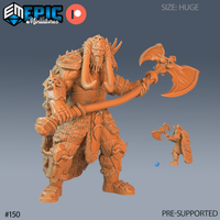 Digital render of the Frost Giant Slasher miniature by Epic Miniatures — a huge-scale unpainted orange resin figure depicting a heavily armoured frost giant chieftain gripping a large winged battle axe in both hands, wearing fur-trimmed plate armour and a crown of bone and antler, with a size comparison showing the standard 32mm scale figure beside him