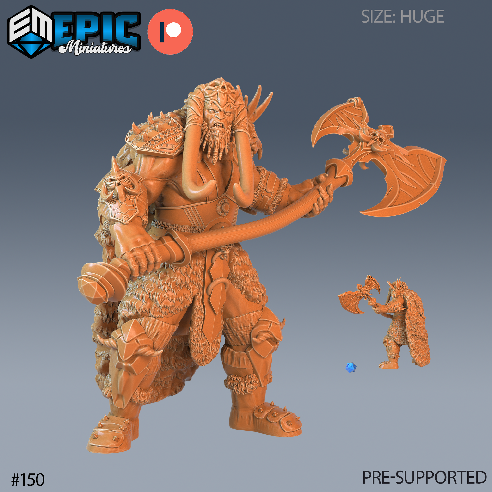 Digital render of the Frost Giant Slasher miniature by Epic Miniatures — a huge-scale unpainted orange resin figure depicting a heavily armoured frost giant chieftain gripping a large winged battle axe in both hands, wearing fur-trimmed plate armour and a crown of bone and antler, with a size comparison showing the standard 32mm scale figure beside him