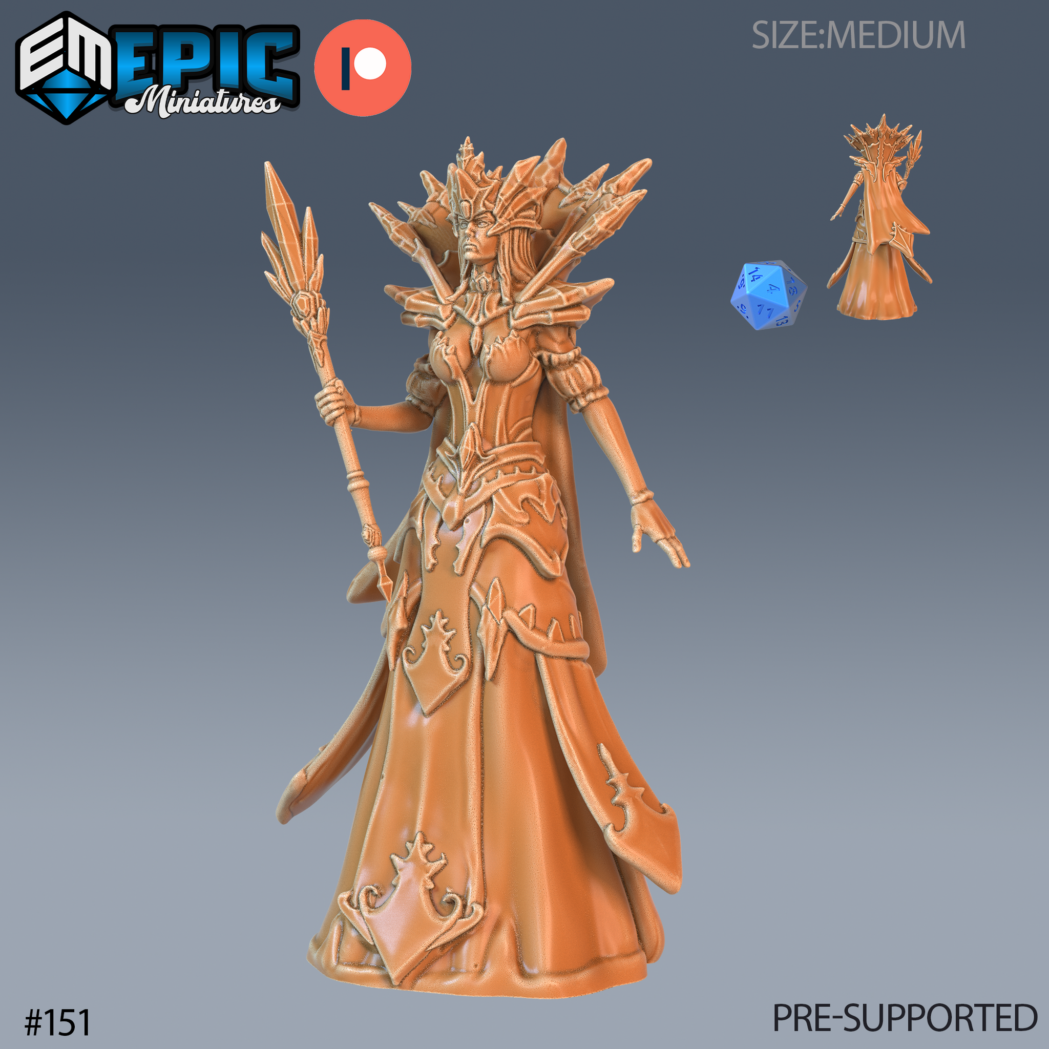 Unpainted resin miniature of the Snow Queen at 32mm scale — a tall regal humanoid female figure wearing a sweeping layered gown with frost-script scrollwork, a dramatic crown of jagged ice shards, carrying a shard-tipped crystalline staff in one hand with the other extended in a commanding gesture. Digital render shown from front and rear angles with a d20 scale reference.