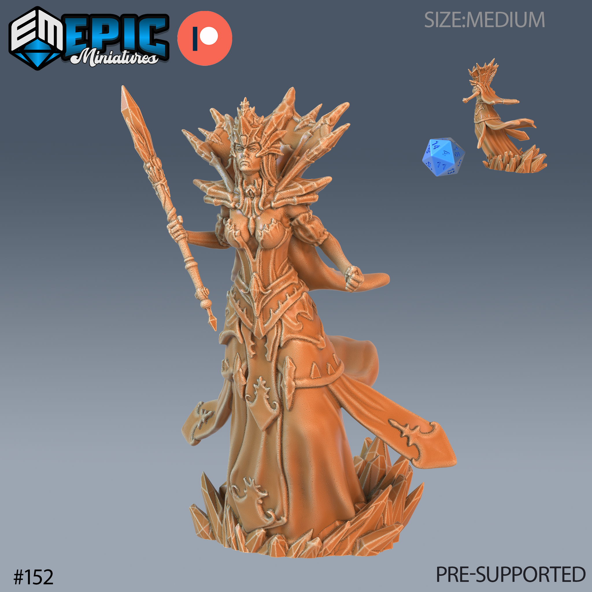 32mm resin miniature of the Snow Queen Attack by Epic Miniatures — an unpainted digital render showing a crowned female sorcerer in flowing crystal-adorned robes, striding forward with a tall ornate staff raised in one hand and the other arm extended, her elaborate shard crown fanning dramatically behind her head, mounted on a base of erupting ice shards. A scale reference d20 and small alternate sculpt are shown in the upper right corner.