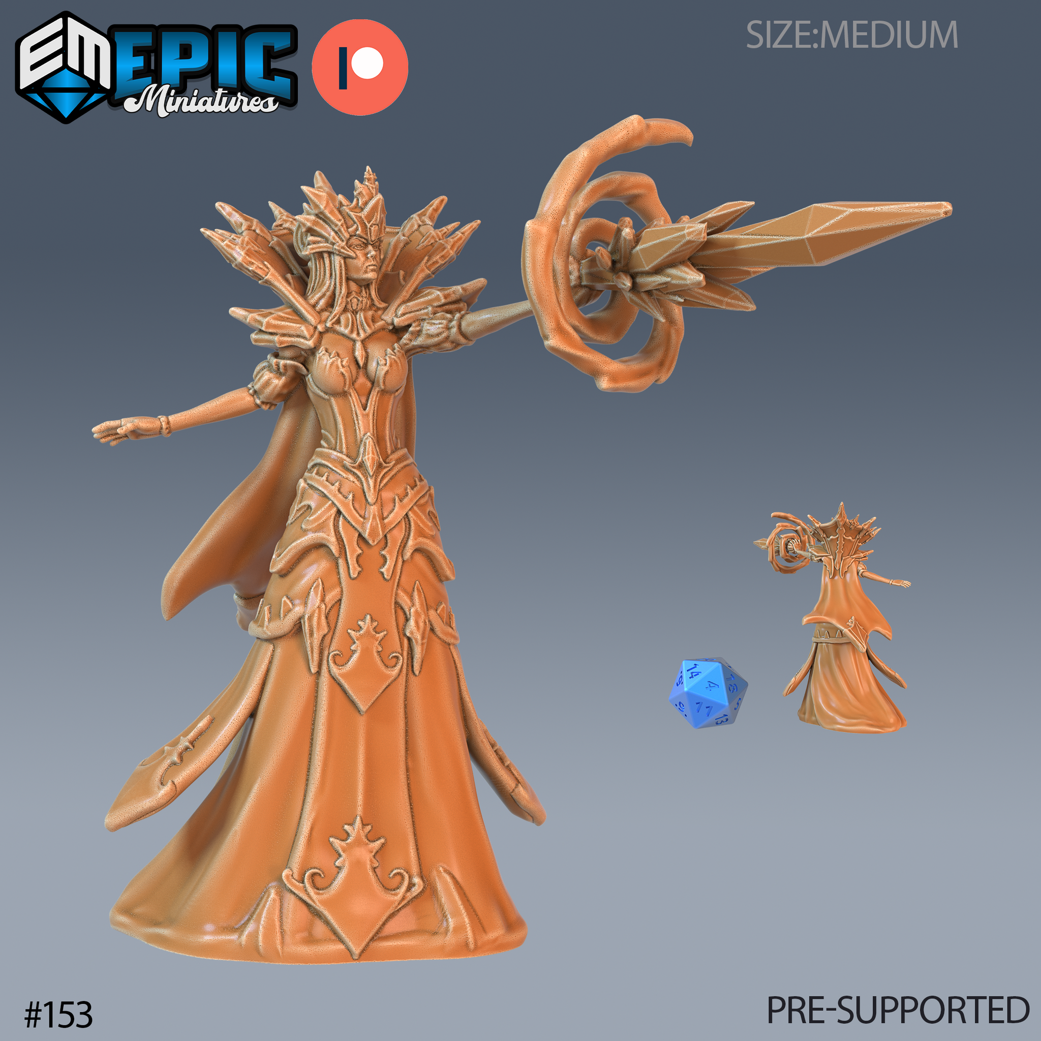 Digital render of the Snow Queen Magic miniature by Epic Miniatures — a tall female sorceress in spiked crown armour and flowing robe, wielding a large curved scythe-staff, shown in unprimed resin beside a d20 for scale