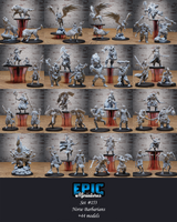 Gaunt multi-armed female figure, jaw agape, four arms spread wide with clawed hands, wearing a belted ceremonial tabard with ring decorations and a headband, scaled reptilian legs ending in taloned feet, on a large oval base. Sculpt by Epic Miniatures.