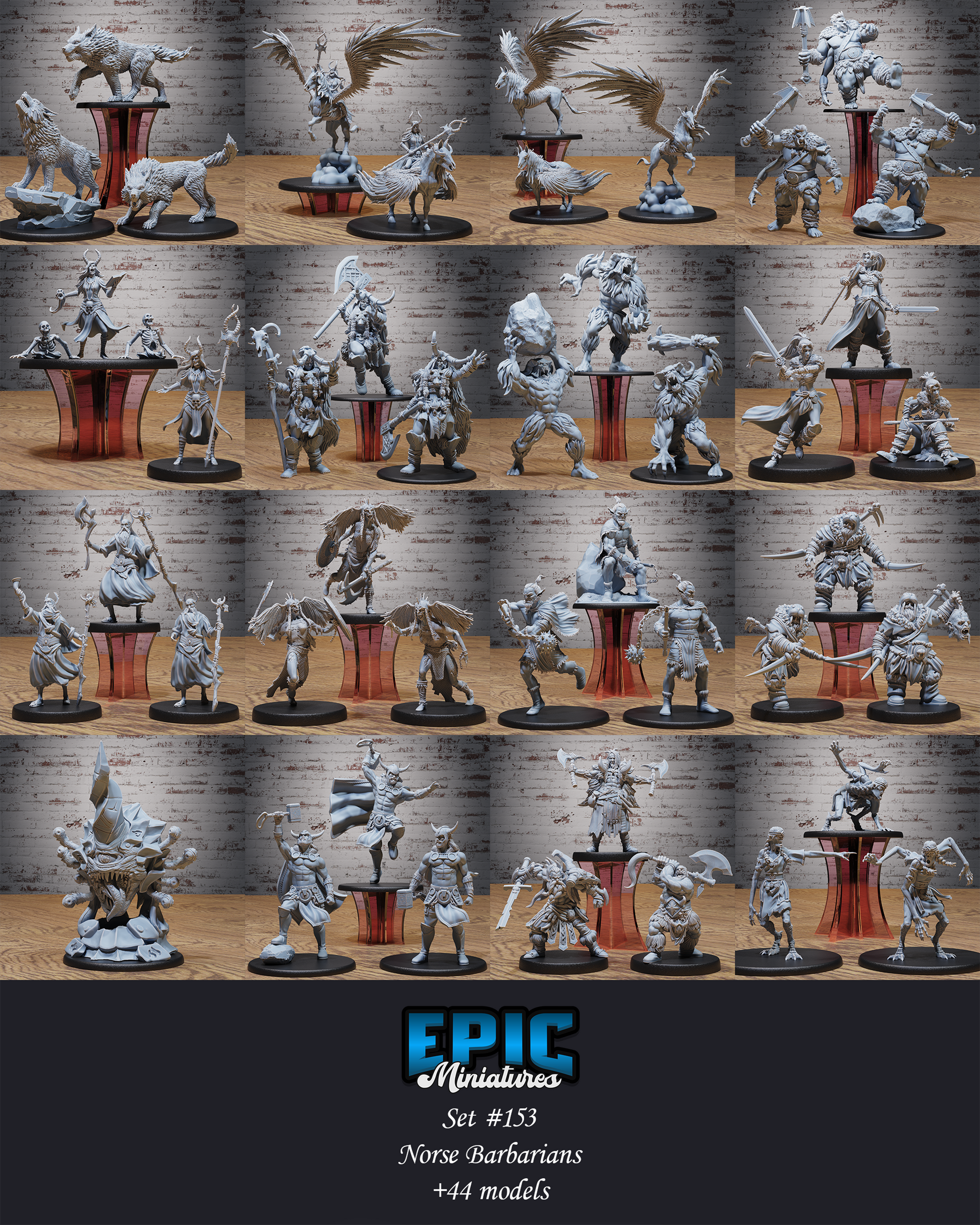 Gaunt multi-armed female figure, jaw agape, four arms spread wide with clawed hands, wearing a belted ceremonial tabard with ring decorations and a headband, scaled reptilian legs ending in taloned feet, on a large oval base. Sculpt by Epic Miniatures.