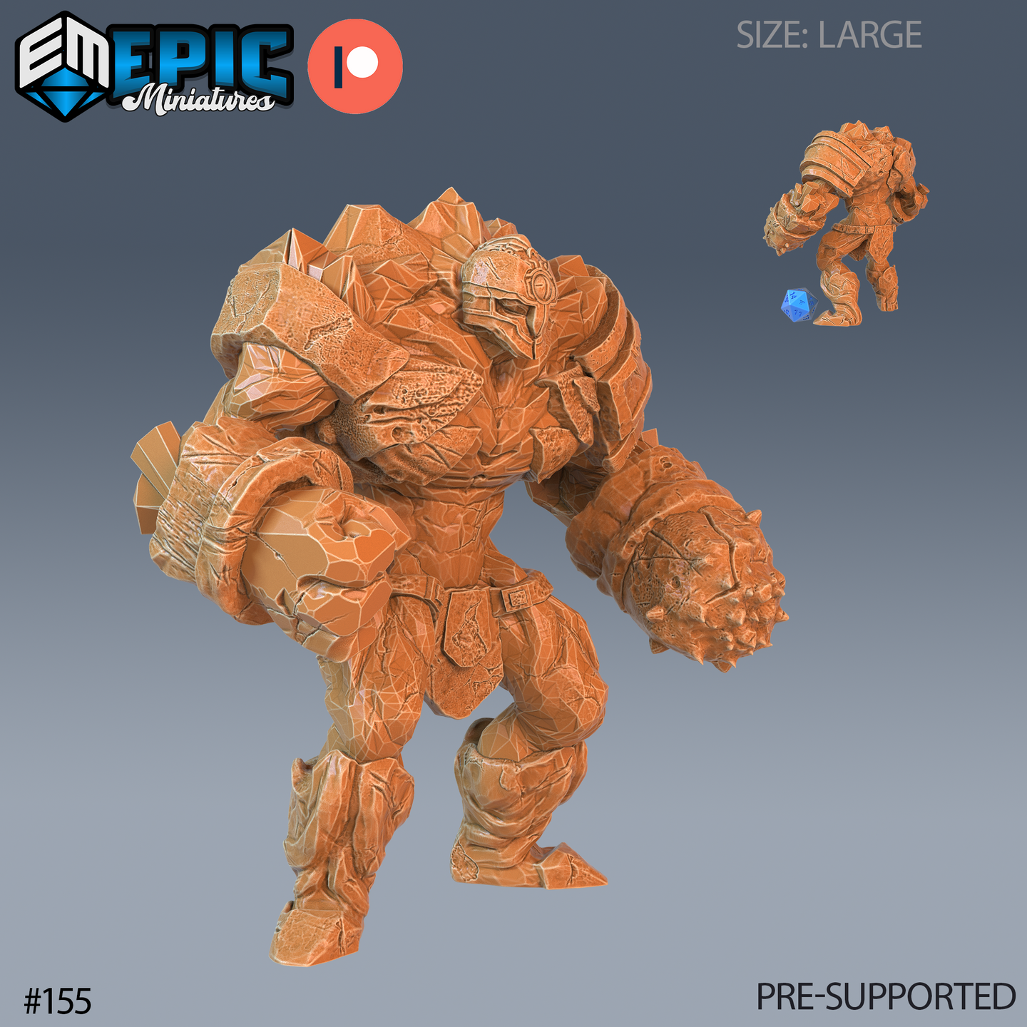 Digital render of an Ice Golem miniature by Epic Miniatures — a large-sized stone construct in an aggressive forward stance with one massive spiked fist raised, cracked rocky armour covering its entire body, helmeted face, and armoured greaves. Shown in orange resin render with a scale size comparison inset. Labelled Large size and pre-supported.