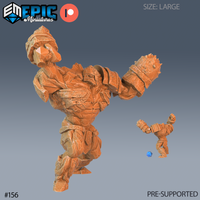 Digital render of an Earth Golem Attack miniature by Epic Miniatures — large-scale resin figure in a dramatic raised-fist attack pose, body covered in fractured stone plating, angular crystal head, and runic torso detailing, shown alongside a standard 32mm miniature for scale comparison, unpainted in terracotta orange resin