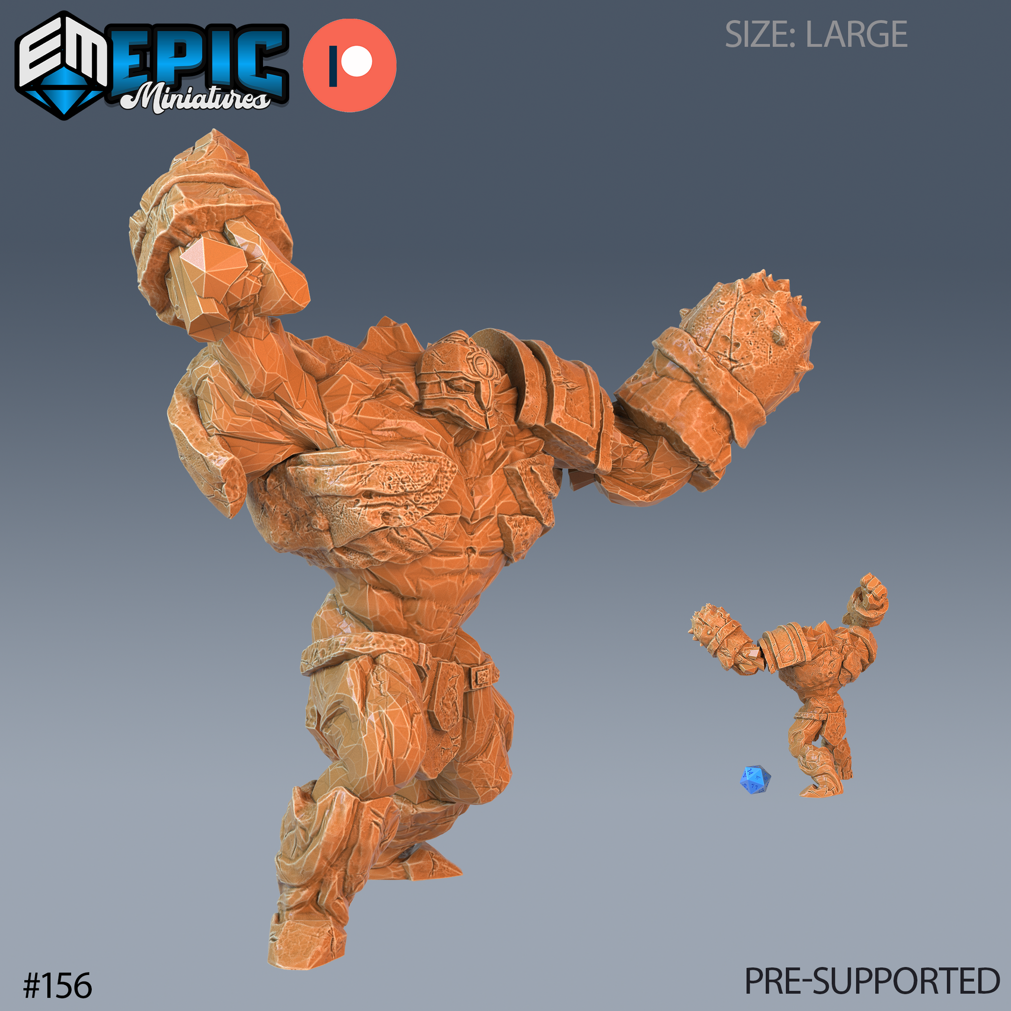 Digital render of an Earth Golem Attack miniature by Epic Miniatures — large-scale resin figure in a dramatic raised-fist attack pose, body covered in fractured stone plating, angular crystal head, and runic torso detailing, shown alongside a standard 32mm miniature for scale comparison, unpainted in terracotta orange resin