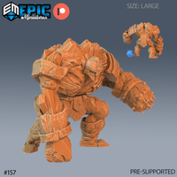 Digital render of the Ice Golem Pound miniature by Epic Miniatures — a large hunched stone golem with cracked rocky armour, a spiked knobbled fist raised mid-swing, and a rune emblem on its chest. Shown unpainted in terracotta resin with a scale die reference indicating large size. Pre-supported sculpt, number 157.