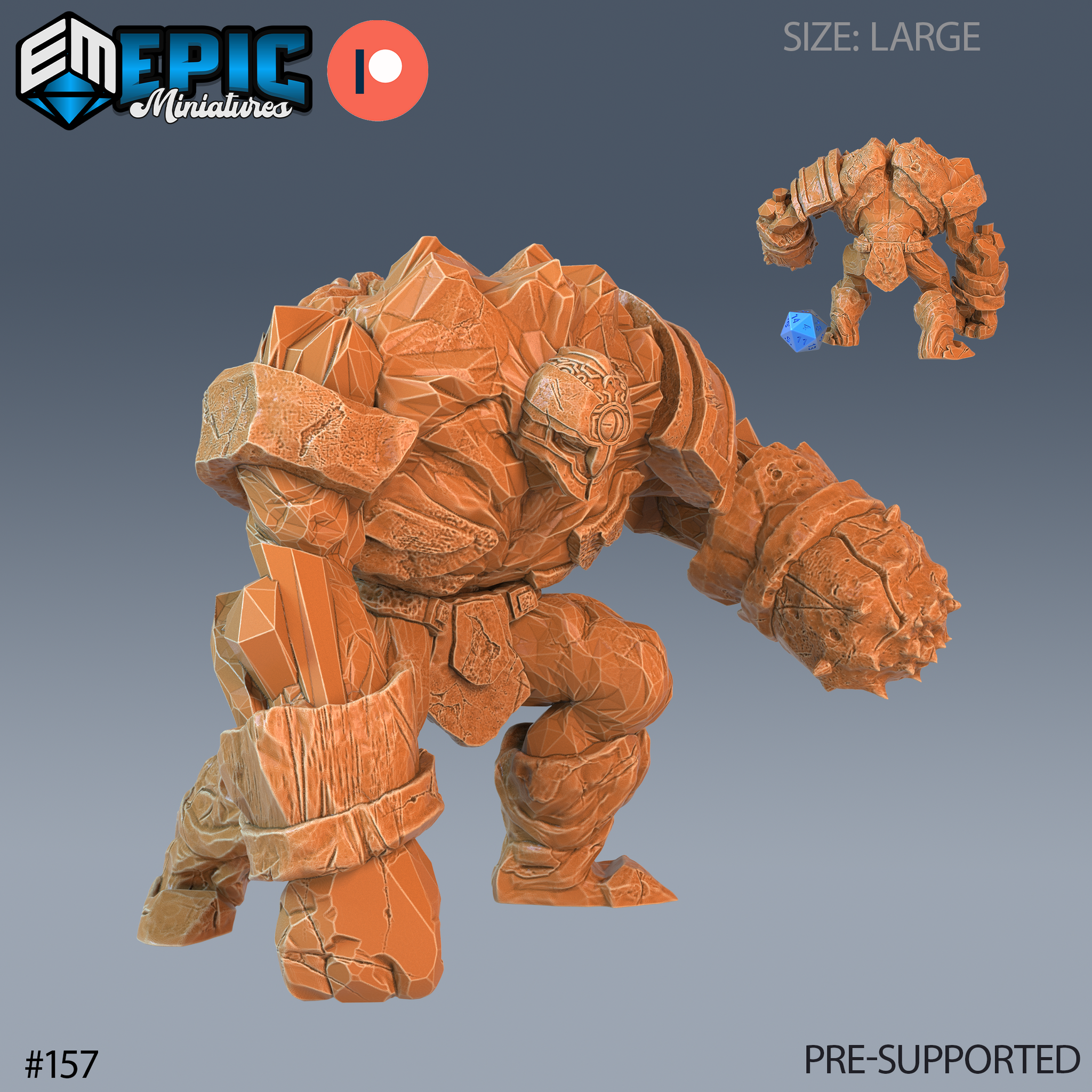 Digital render of the Ice Golem Pound miniature by Epic Miniatures — a large hunched stone golem with cracked rocky armour, a spiked knobbled fist raised mid-swing, and a rune emblem on its chest. Shown unpainted in terracotta resin with a scale die reference indicating large size. Pre-supported sculpt, number 157.