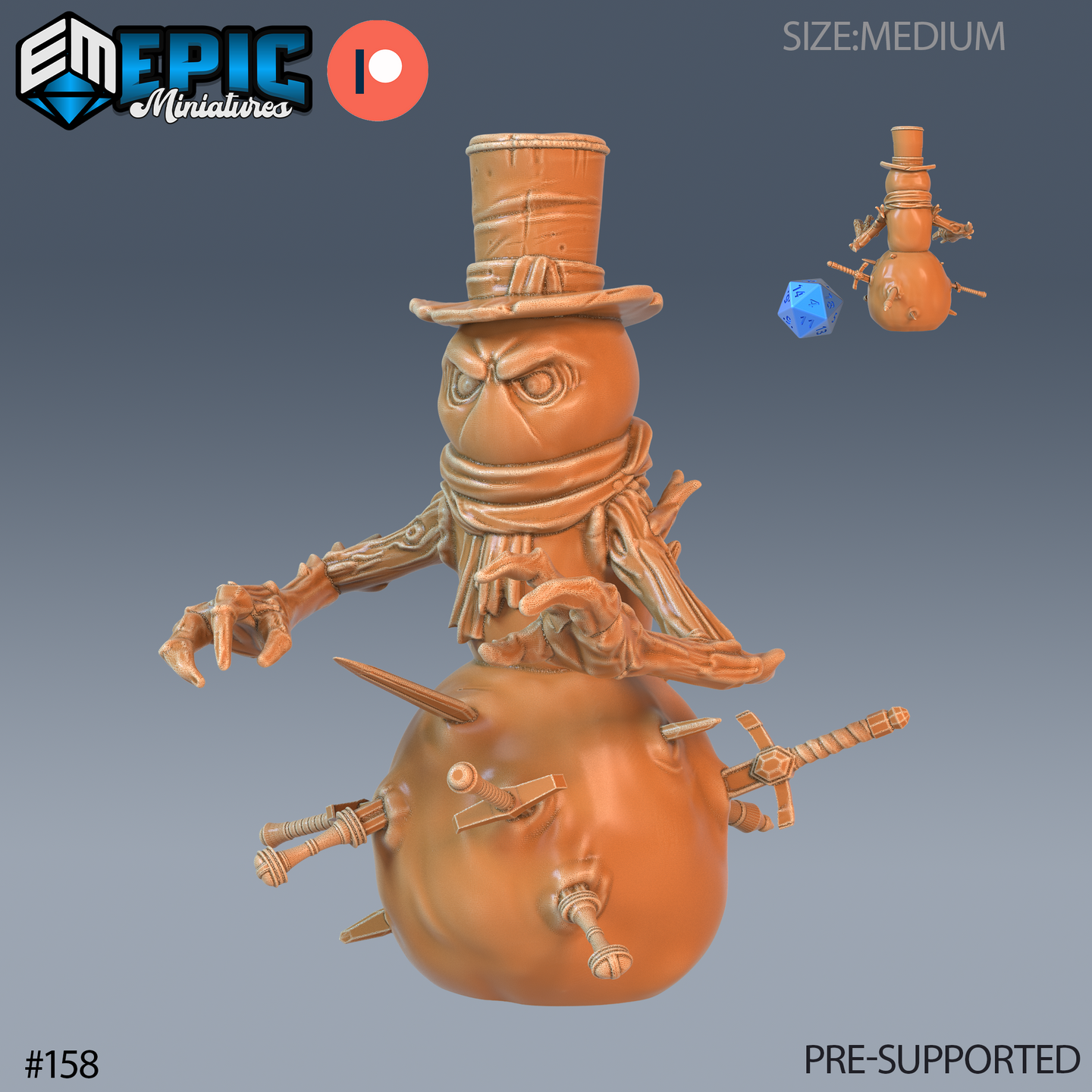 Digital render of an Animated Snowman miniature by Epic Miniatures — a malevolent round-bodied snowman in a worn top hat and frayed scarf, with skeletal clawed hands, multiple screws and bladed weapons embedded in its torso, and a scowling carved expression. Shown in unpainted resin orange-brown. A scale thumbnail and d20 are visible in the top right corner.