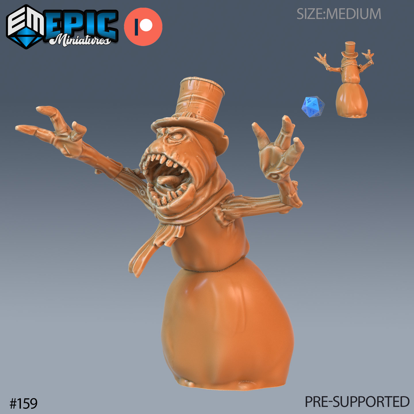 Digital render of the Animated Snowman miniature by Epic Miniatures — an attacking snowman with a wide snarling mouth full of jagged teeth, long skeletal clawed hands outstretched, wearing a battered top hat and trailing scarf, shown in terracotta resin with a blue d20 scale reference, medium size designation visible in corner