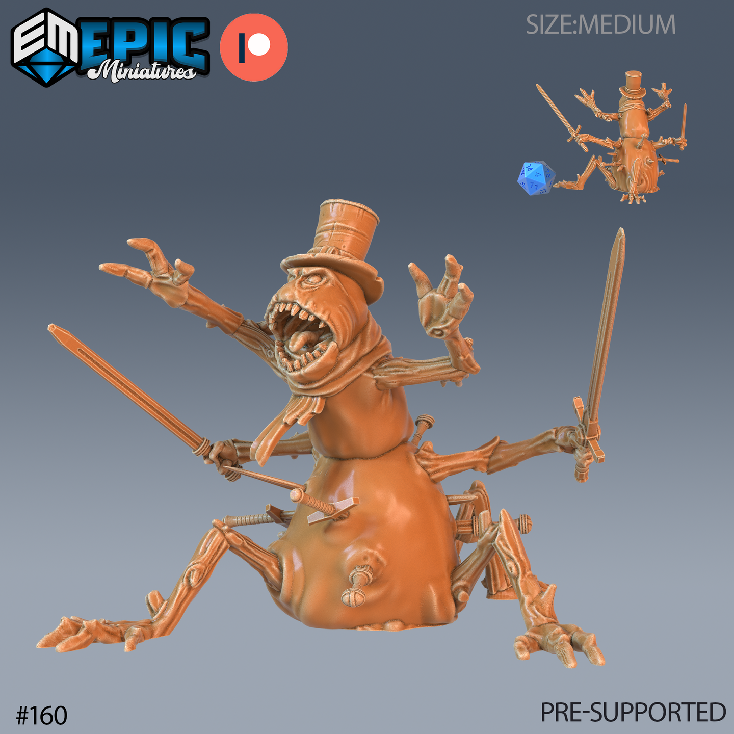 Digital render of the Animated Snowman Rampage miniature by Epic Miniatures — an unpainted resin sculpt of a grotesque snowman with six skeletal arms, several holding swords, a wide-open fanged mouth, and a small top hat, shown at 32mm scale with a d20 for size reference