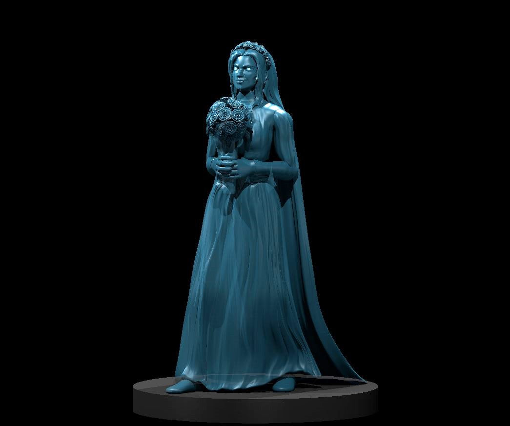 Digital render of a female ghost miniature in a flowing wedding gown, holding a rose bouquet, wearing a floral crown and long veil, sculpted in blue-grey resin at 32mm scale on a round base