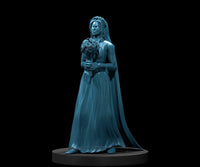 Digital render of a female ghost miniature in a flowing wedding gown, holding a rose bouquet, wearing a floral crown and long veil, sculpted in blue-grey resin at 32mm scale on a round base