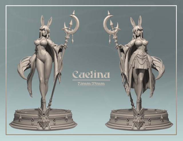Front and three-quarter front view of Caelina, a rabbitfolk druid miniature in grey resin at 32mm scale, showing her crescent moon polearm, swept-back rabbit ears, and dramatic wing-like cape, mounted on an ornate circular arcane base